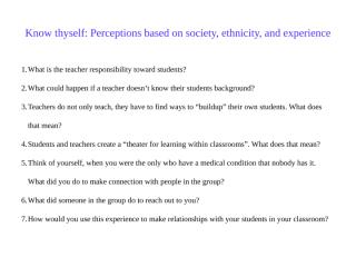 Questions for Know thyself-Perceptions based on society, ethnicity, and experience .pptx
